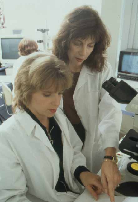 Judith Wieland (right) in the cytogenetics laboratory
